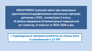 Описові звіти (моніторинг)  класного керівника з питань інклюзивного навчання дитини з ООП