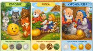 Три сенсорні казки : «Курочка ряба», «Ріпка», «Колобок» для запуску мовлення