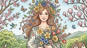 🌿🌸🌿Розмальовка та малюнок «Дівчина-весна»🌿🌸🌿🌸🌿
