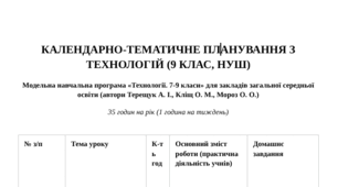 ОРІЄНТОВНЕ КАЛЕНДАРНО-ТЕМАТИЧНЕ ПЛАНУВАННЯ Технології 9 клас НУШ (авт. Терещук А. І., Кліщ О. М., Мороз О. О.) 35 годин на рік (1 година на тиждень)