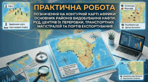 Практична робота 7. Позначення на контурній карті Африки основних районів видобування нафти, залізних, мідних та алюмінієвих руд, центрів їх переробки (збагачення), основних транспортних магістралей та портів експортування.