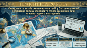 Практична робота № 6. Складання та аналіз схеми системи течій у Світовому океані; порівняння впливу холодної та теплої океанічних течії на клімат одного з материків.