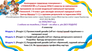 КТП з «ТЕХНОЛОГІЙ» у 9 класах НУШ ІІ семестр за навчальною програмою на основі модельної навчальної програми «Технології. 7-9 клас» для закладів загальної середньої освіти (автор Мачача Т. С.) з групами результатів та індексами НУШ