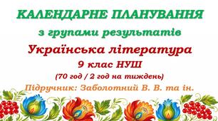 Календарне планування з ГР. Українська література. 9 клас НУШ. Заболотний В. В. та ін. (70 год / 2 год на тиждень)