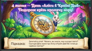 Презентація+конспект заняття "4 липня - День «Аліси в Країні Див». Тематичне заняття.