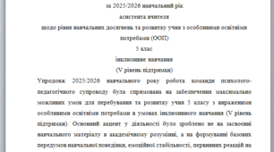 Річний звіт асистента вчителя 5 клас 5 рівень - немовленнєва дитина