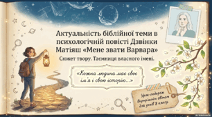 Презентація «Актуальність біблійної теми в психологічній повісті Дзвінки Матіяш "Мене звати Варвара". Сюжет твору. Письмова творча робота (розповідь про походження свого імені, про відомих людей із таким ім’ям)»