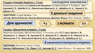 КТП НУШ. 7 кл. «Історія України», 7 кл. 35 год. (підр. автор: В. Власов, О. Данилевська, Д. Ващук.) та "Всесвітня історія" 7 кл. 35 год. (підр. автор: Ладиченко Т. В., Лукач І. Б., Івченко О. С.)