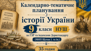 Календарно-тематичне планування / КТП з історії України 9 класи НУШ за ГЗР та індексами Держстандарту (35 год, МНП Щупак І. та ін.)