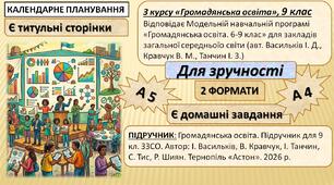 КТП (НУШ). «Громадянська освіта», 9 кл. Підручник авторів: І. Васильків, В. Кравчук, І. Танчин, С. Тис, Р. Шиян. «Астон».  2026. р. за модельною навчальною програмою «Громадянська освіта. 6-9 клас» (автори: Васильків І.Д., Кравчук В.М., Танчин І.З.)