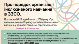 Про порядок  організації інклюзивного навчання в ЗЗСО з 1.09.2026 року: ключові зміни згідно постанови 129