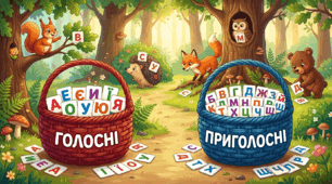 «Кошики для лісових мешканців» 🌳🐿️Сортування по категоріях(голосні , приголосні - перетягування в кошик)