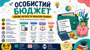 Особистий бюджет: доходи, витрати та фінансові рішення | Яскрава інфографіка для 8–9 класів