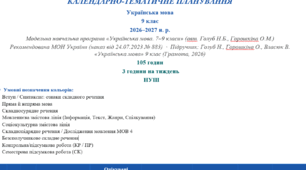 КАЛЕНДАРНО-ТЕМАТИЧНЕ ПЛАНУВАННЯ Українська мова   9 клас    2026–2027 н. р.