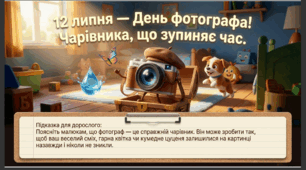 Презентація+конспект заняття "12 липня  - Всесвітній день фотографа". Тематичне заняття.