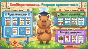 «Капібара-знавець: Розряди прикметників» (якісні, відносні, присвійні). Сортування по категоріях (перетягування на дошку)