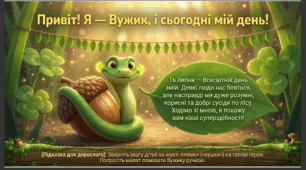 Презентація+конспект заняття "16 липня - Всесвітній день змій". Тематичне заняття.