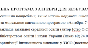 Адаптована програма та календарне планування з алгебри для 8 класу (3 год на тиждень), за модельною програмою О.Істера для дітей з особливими освітніми потребами