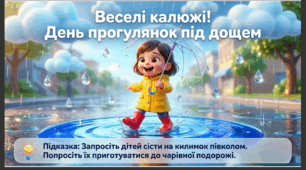 Презентація+конспект заняття "18 липня - Всесвітній день прогулянок під дощем". Тематичне заняття.