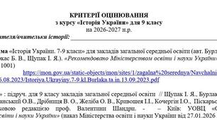 Критерії оцінювання результатів навчання з курсу "Історія України" для 9 класу (за модельною навчальною програмою авт. Бурлака О. В., Желіба О. В., Павловська-Кравчук В. А., Худобець О. А., Черкас Б. В., Щупак І. Я.)
