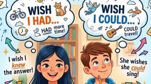 wish + Past Simple, wish + could + infinitive.