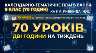 💻 Календарне планування з інформатики 9 класи (НУШ)  За підручником Й. Ривкіна  2 години/тиждень, 70 уроків на рік