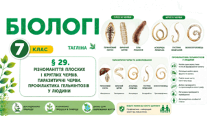 Різноманіття плоских і круглих червів. Паразитичні черви. Профілактика гельмінтозів у людини. Презентація, інфографіка, робочий аркуш