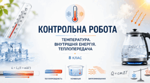 Тематична контрольна робота №2 з фізики (8 клас, НУШ) | Температура. Внутрішня енергія. Теплопередача | з відповідями та детальними розв’язками