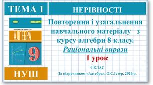 9 клас. Алгебра (НУШ). Урок№1. Повторення і узагальнення навчального матеріалу   з курсу алгебри 8 класу