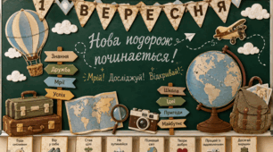 Оформлення дошки до 1 вересня у стилі подорожі: будь яку картинку можна надрукувати у великому масштабі