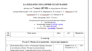 КАЛЕНДАРНО-ТЕМАТИЧНЕ ПЛАНУВАННЯ та НАВЧАЛЬНА ПРОГРАМА з фізики для 7 класу (НУШ) Максимович З. Ю.