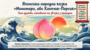 5 клас НУШ. Японська народна казка "Момотаро, або Хлопчик-Персик". Теми дружби, сміливості, зв’язку з природою в казці. Презентація, інфографіка, робочий аркуш