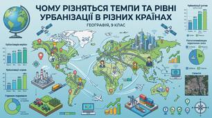 Презентація з географії 9 клас НУШ: Чому відрізняються темпи й рівні урбанізації в різних країнах