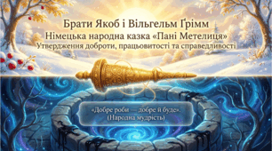 5 клас НУШ. Брати Якоб і Вільгельм Ґрімм. Німецька народна казка "Пані Метелиця". Утвердження у творі доброти, працьовитості, справедливості. Презентація, інфографіка, робочий аркуш