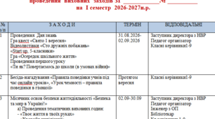 План проведення  виховних  заходів школи на на  І семестр  2026-2027н.р.