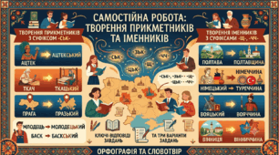Самостійна робота "Творення прикметників із суфіксом -ськ- та іменників із суфіксами -чч-, -щ-" у 3-ох варіантах з відповідями