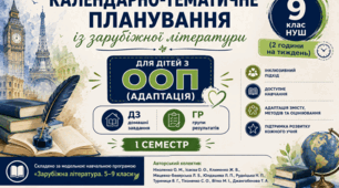 Інклюзія. 9 клас НУШ Календарно-тематичне планування із зарубіжної літератури  9 кл НУШ  для дітей з ООП (АДАПТАЦІЯ)  ( 2 год.) з ДЗ та ГР (на І семестр).