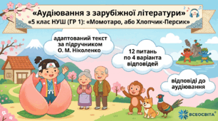 Аудіювання з зарубіжної літератури(ГР 1). 5 клас НУШ: «Момотаро, або Хлопчик-Персик» (адаптований текст за підручником О. М. Ніколенко)