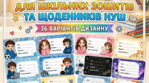 ​Шаблони яскравих наліпок для шкільних зошитів та щоденників НУШ (36 варіантів дизайну)