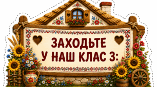 Яскраві будиночки в українському стилі з написом «Заходьте у наш клас з»