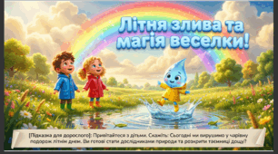 Презентація+конспект заняття з розвитку мовлення "Липнева злива та веселка. Розвиток мовлення". Старша група.