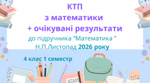 Календарно-тематичне планування з математики 4 клас 1 семестр до підручника "Математика" Н.П.Листопад (2 частини) 2026р. з очікуваними результатами
