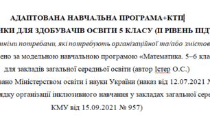 Адаптована програма та календарне планування з математики для 5 класу (5 год на тиждень), за модельною програмою О.Істера для дітей з особливими освітніми потребами, 2 рівень підтримки