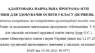 Адаптована програма та календарне планування з математики для 5 класу (5 год на тиждень), за модельною програмою О.Істера для дітей з особливими освітніми потребами, 3 рівень підтримки