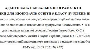 Адаптована програма та календарне планування з математики для 5 класу (5 год на тиждень), за модельною програмою О.Істера для дітей з особливими освітніми потребами, 4 рівень підтримки