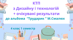 Календарно-тематичне планування з Дизайну і технологій 4 клас 1 семестр з очікуваними результатами  до альбому М.Смалюх "Трударик"