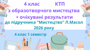Календарно-тематичне планування з образотворчого мистецтва 4 клас 1 семестр з очікуваними результатами до підручника "Мистецтво" Л.Масол 2026 року
