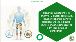 Презентація, конспект уроку та робочі аркуші на тему "Вода та інші неорганічні сполуки у складі організмів. (Вода, мінеральні солі та кислоти. Основні фізико-хімічні властивості води та її функції в живих організмах)". 9 клас НУШ