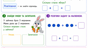 Робочий аркуш: Підготовка до школи. Математика. Заняття 27. Знайомство з текстовою задачею. Прості задачі на додавання