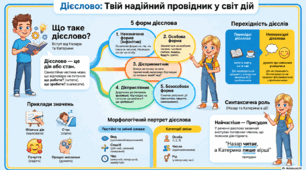 Інфографіка «Дієслово: твій надійний провідник у світ дій» (загальне значення, форми, морфологічні ознаки, перехідність, синтаксична роль)